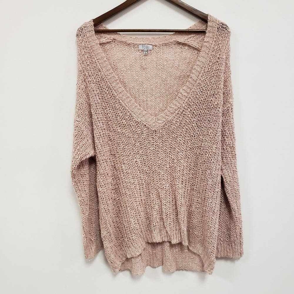Tobi Womens Fairy‎ Grunge Open Knit Oversized V Neck Sweater Size M Pink Plunge